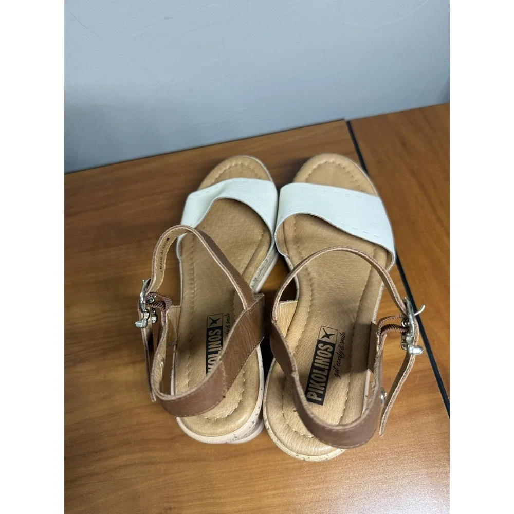 Pikolinos Mykonos Wedge Sandal Leather‎ Brown White Neutral Comfort Spain 38/7.5